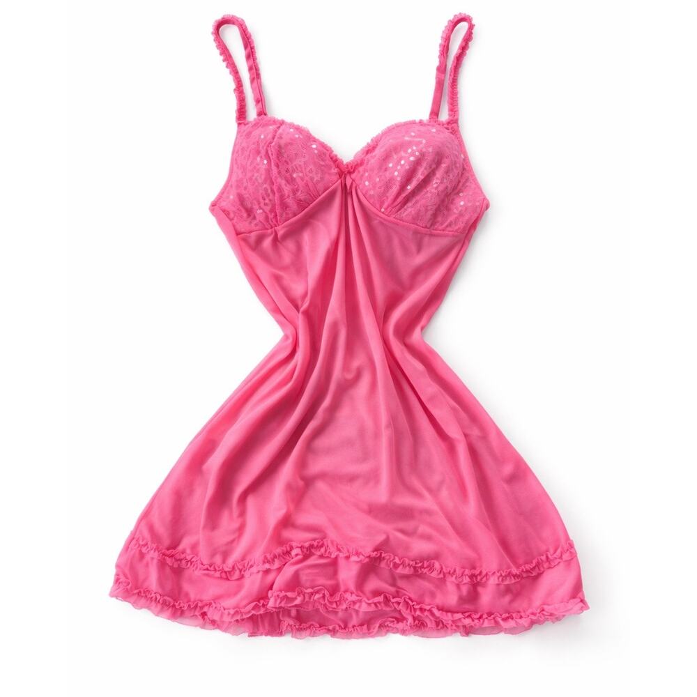 Hot Pink Y2K Lace Babydoll Lingerie Dress Sequin Mesh Fairycore Coquette Large